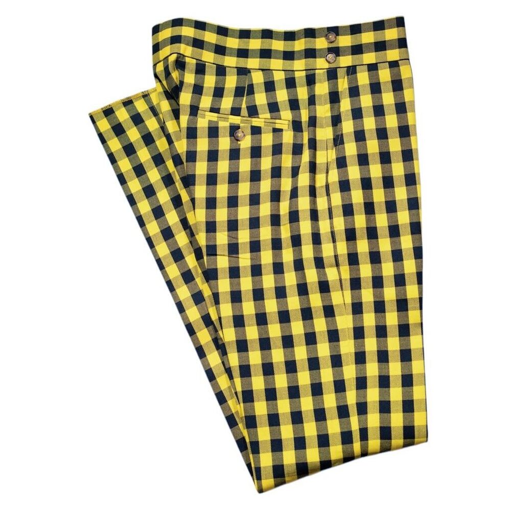 Mens Gurkha Pants 30 Plaid Check Yellow Blue Slim Straight Flat Front Trousers